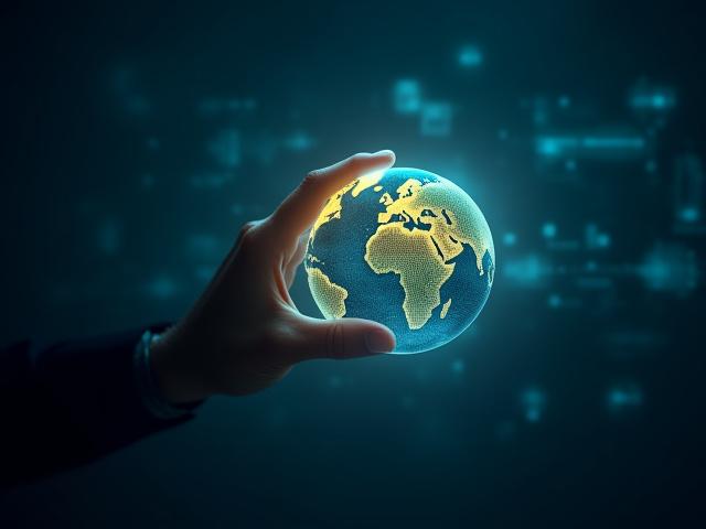 Une main créant une carte géospatiale interactive sur un globe numérique, symbolisant la mission de CourantAzur de cartographier l'avenir avec précision et innovation.